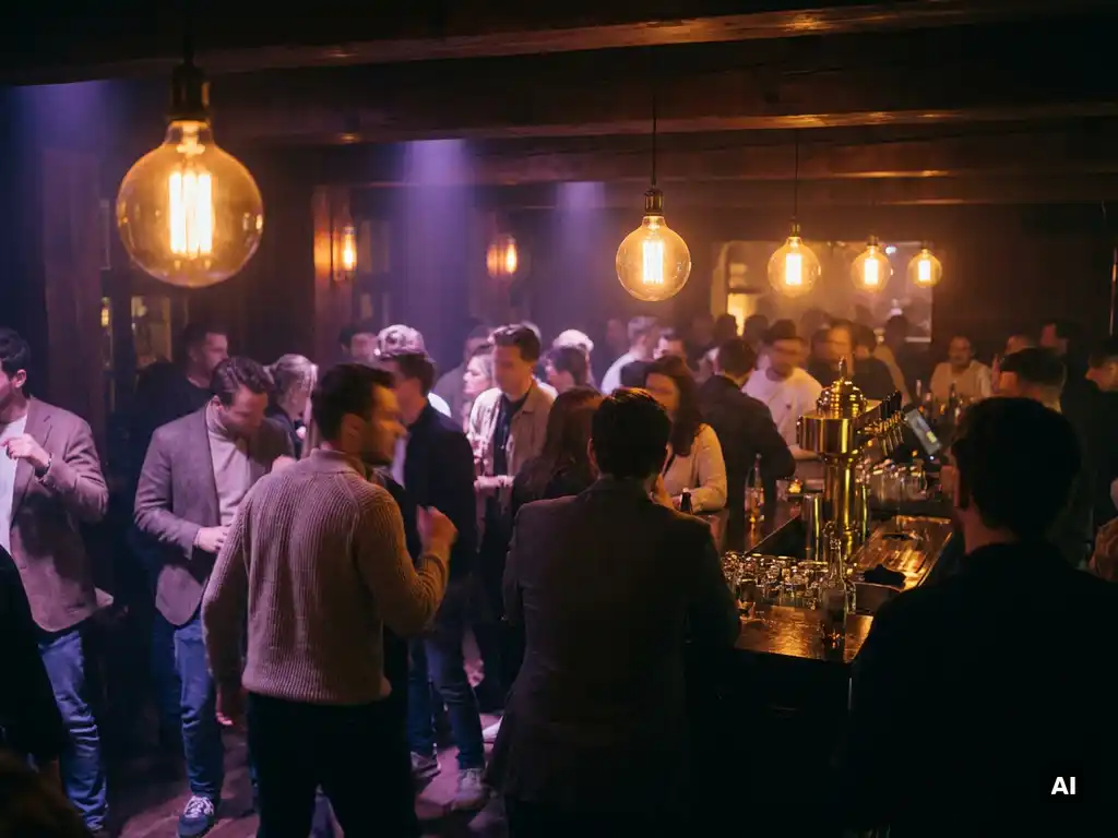 Tanzfläche eines Münchner Clubs in warmem Bernstein- und Violettlicht mit glühenden Edison-Lampen über bewegter Menge.