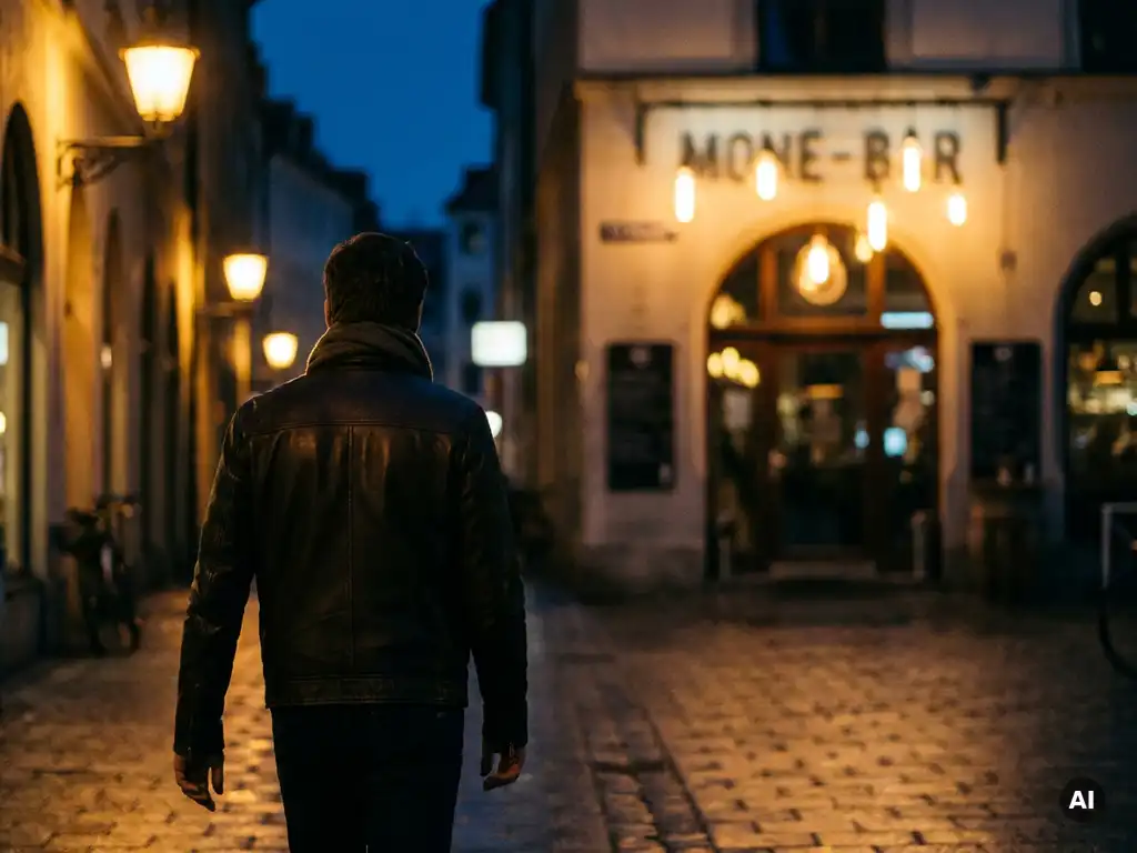 Person in stilvoller Jacke auf nassen Münchner Kopfsteinpflaster-Straßen bei Nacht, warme Bernstein-Straßenlaternen, Bar mit Edison-Glühbirnen im Hintergrund.