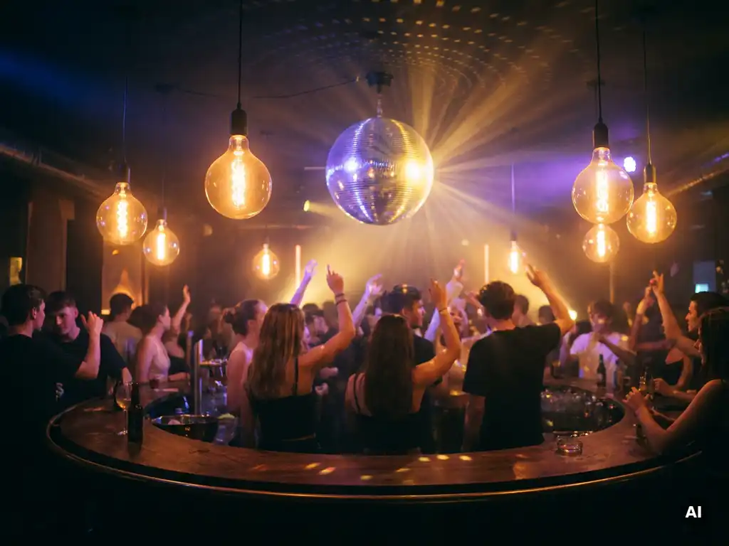 Belebte Münchner Bar mit Discokugel, Edison-Glühbirnen und tanzenden Silhouetten in warmem Bernstein- und Violettlicht.