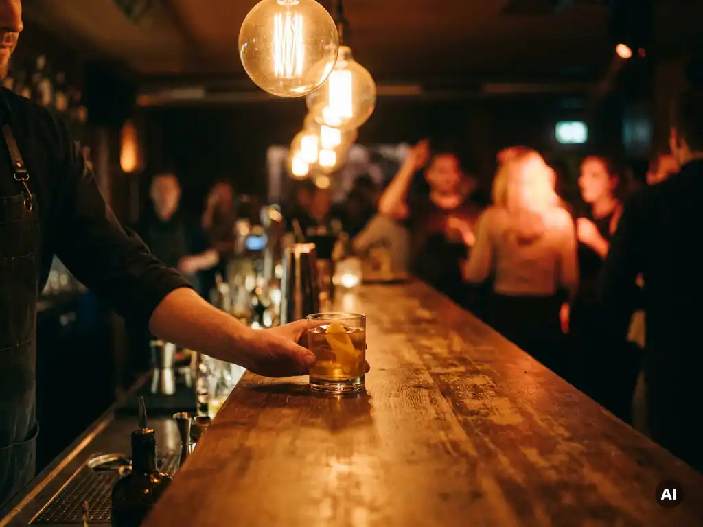Bartender reicht einen Cocktail über eine glänzende Theke in einer Münchner Bar mit Edison-Glühbirnen und belebter Tanzfläche im Hintergrund.