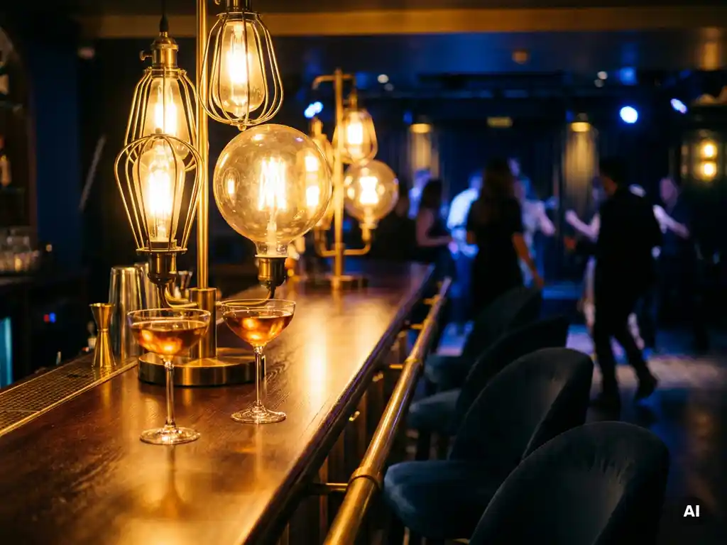 Zwei Cocktailgläser auf einer beleuchteten Bartheke unter Edison-Glühbirnen, tanzende Silhouetten im Hintergrund, warme Gold- und Marineblauttöne.