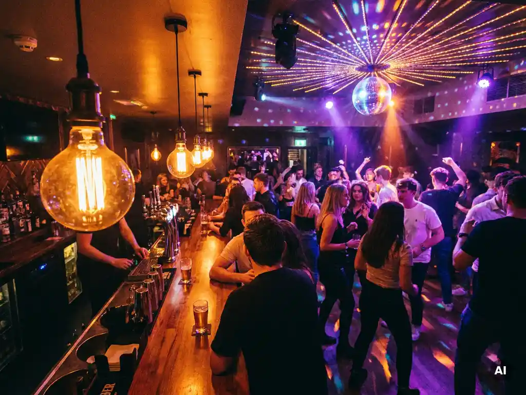 Junge Feiernde tanzen unter einer Diskokugel in einer stimmungsvollen Bar mit Edison-Glühbirnen und violettem Akzentlicht.