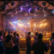 Belebte Diskothek mit Discokugeln, Vintage-Edison-Glühbirnen und farbigen DJ-Lichtern in Lila und Amber über tanzender Menge.