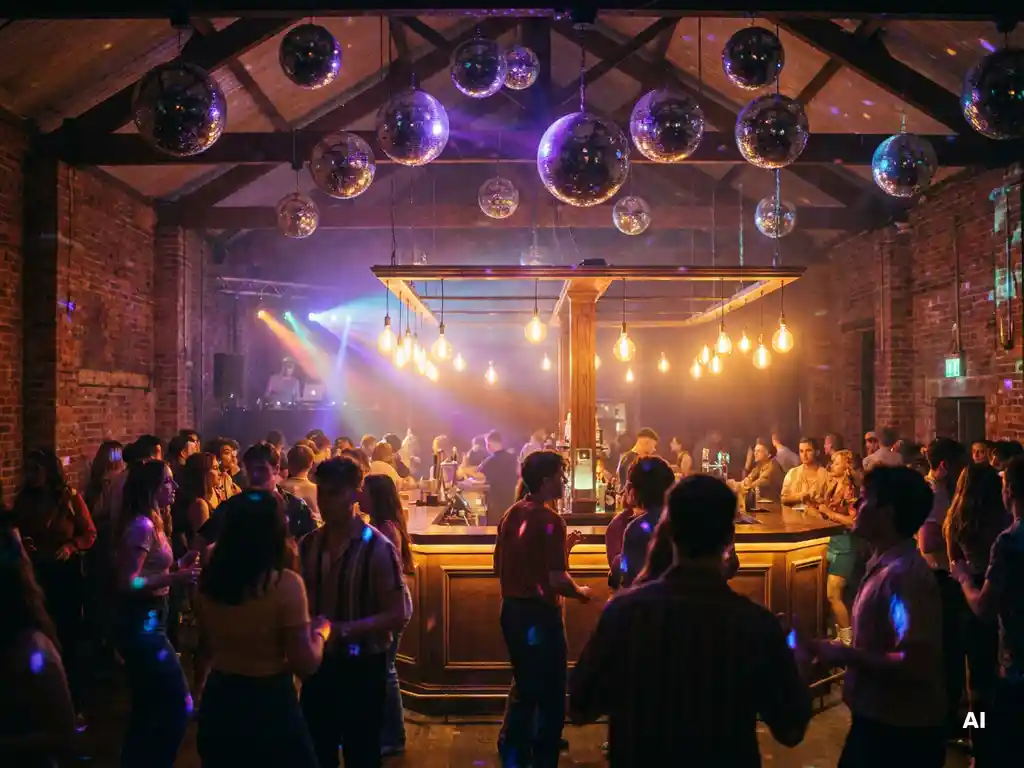 Belebte Diskothek mit Discokugeln, Vintage-Edison-Glühbirnen und farbigen DJ-Lichtern in Lila und Amber über tanzender Menge.