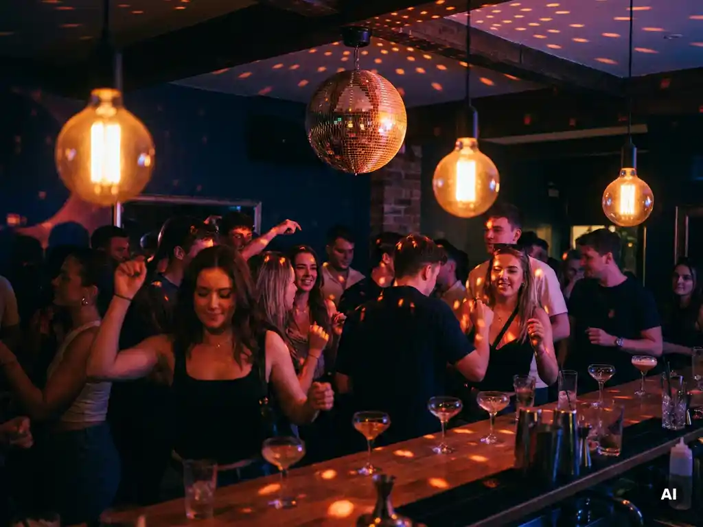 Lebhafte Tanzfläche in einer Bar mit Edison-Glühbirnen, Discokugel und Cocktailgläsern in warmen Amber- und Magenta-Tönen.