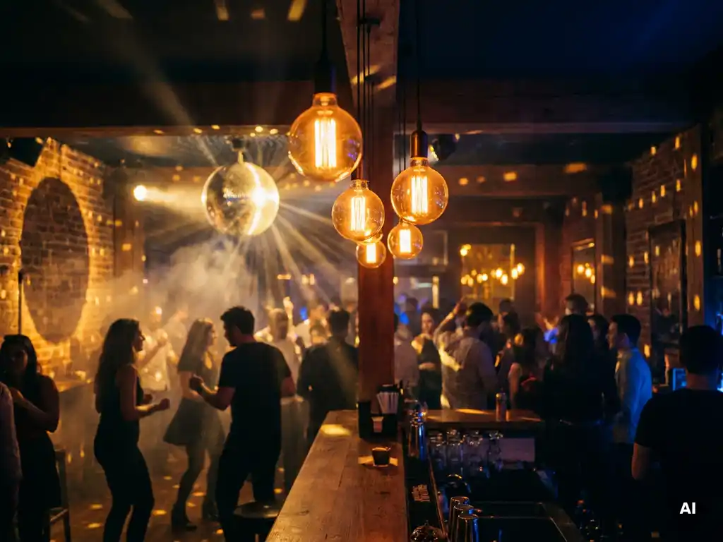 Belebte Bar mit Discokugel, Edison-Glühbirnen in Bernsteinlicht und tanzenden Silhouetten in stimmungsvollem Nachtleben-Ambiente.