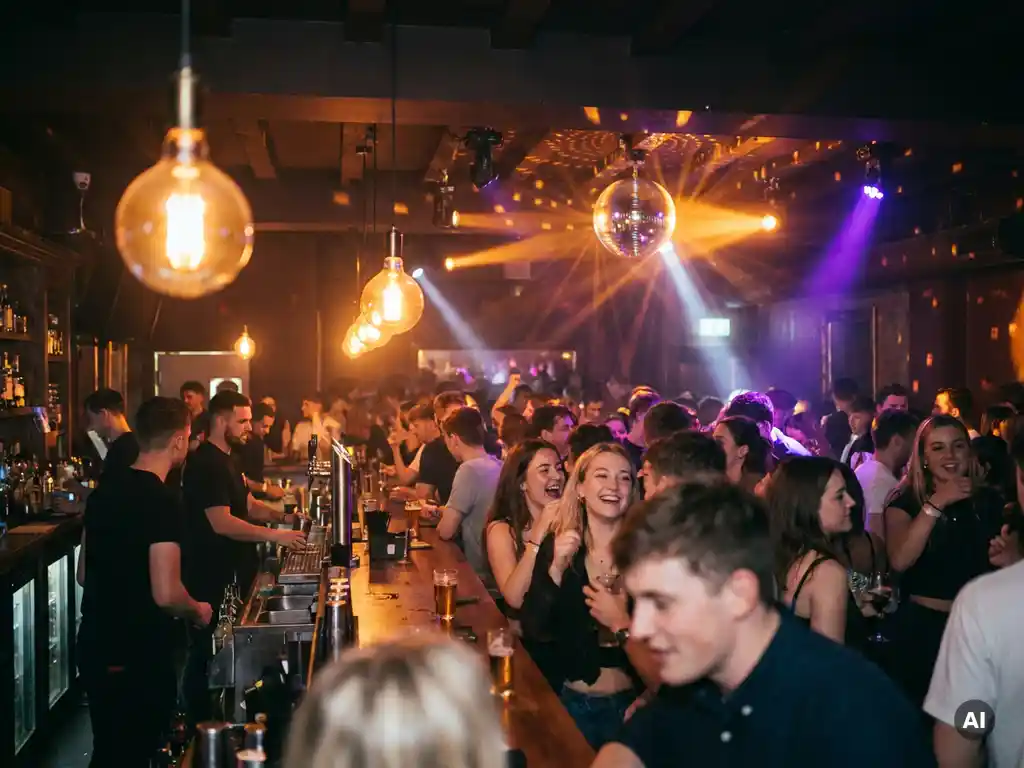 Belebte Bar mit Tanzfläche, Edison-Glühbirnen und Diskokugel in Bernstein- und Violetttönen.