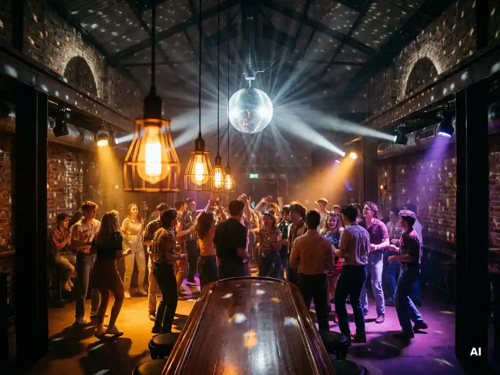 Tanzende Menge in einer Bar mit Diskokugel, Edison-Glühbirnen und violett-bernsteinfarbenem Licht in industriellem Ambiente.