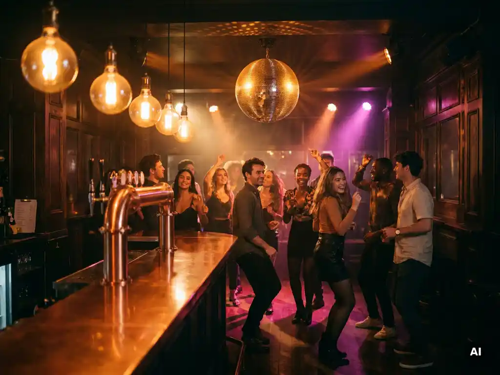 Junge Feiernde tanzen unter einer Diskokugel in einer stimmungsvollen Bar mit Edison-Glühbirnen und Lichtreflexen in Amber und Magenta.