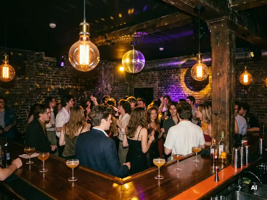 Belebte Bar mit tanzender Menge, Edison-Glühbirnen und Diskokugel, die goldenes Licht an dunkle Wände wirft.