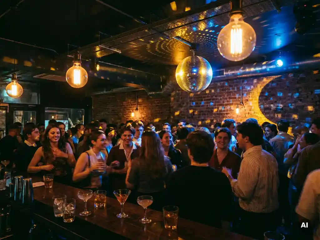 Belebte Bar mit Discokugel, die goldenes und blaues Licht auf Backsteinwände und Cocktailgläser wirft, Edison-Lampen erhellen die Tanzfläche.
