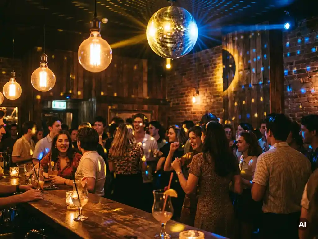 Belebte Bar mit Tanzfläche, Edison-Glühbirnen und Diskokugel, die goldenes und blaues Licht über feiernde Gäste streut.