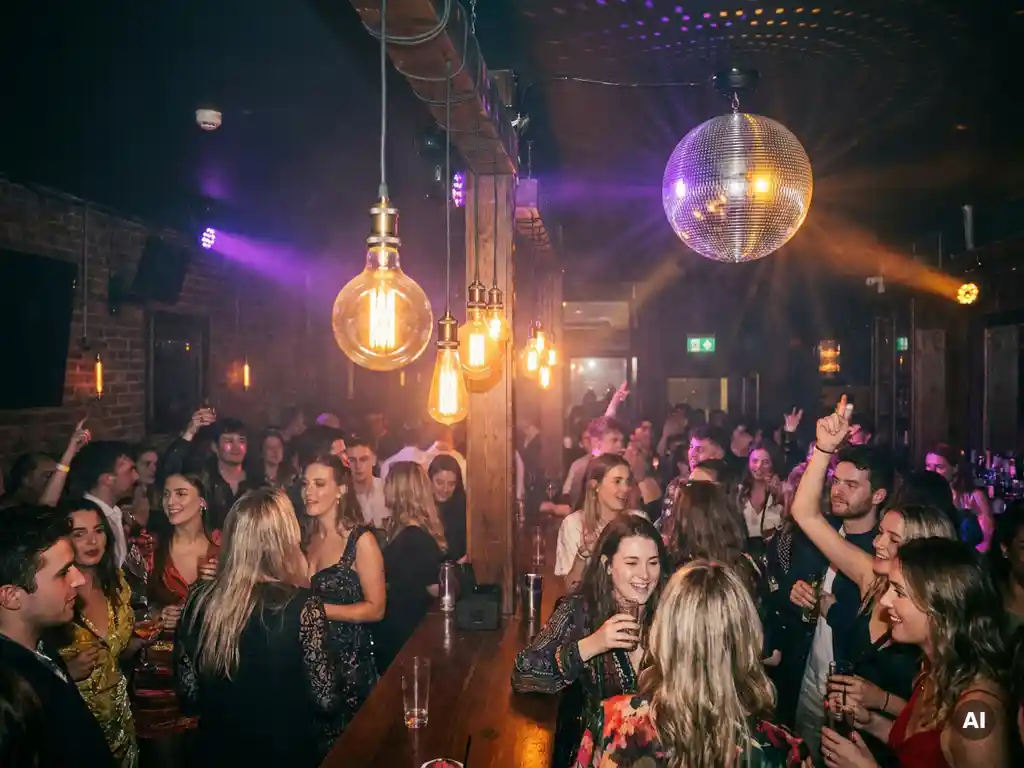 Belebte Bar-Tanzfläche mit Discokugel, Edison-Glühbirnen und feiernden Gästen in warmem Bernstein- und Violettlicht.