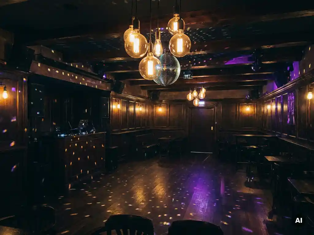 Leere Tanzfläche einer Bar im Abendlicht mit Diskokugel-Reflexionen, Edison-Lampen und violett-goldenen Lichtstimmungen.