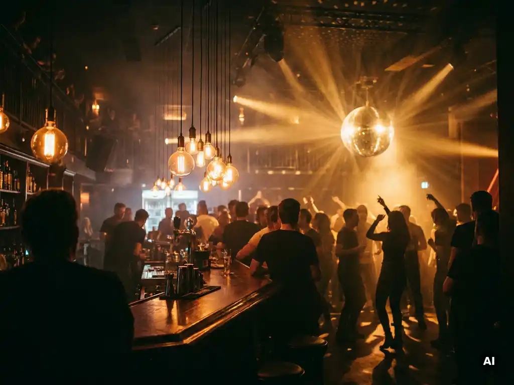 Belebte Bar mit Tanzfläche, Edison-Glühbirnen und Diskokugel tauchen tanzende Silhouetten in goldenes Licht.
