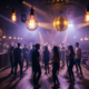 Belebte Bar-Tanzfläche mit Discokugel, Edison-Glühbirnen in Bernsteinlicht und Silhouetten tanzender Menschen in lila-goldenem Dunst.