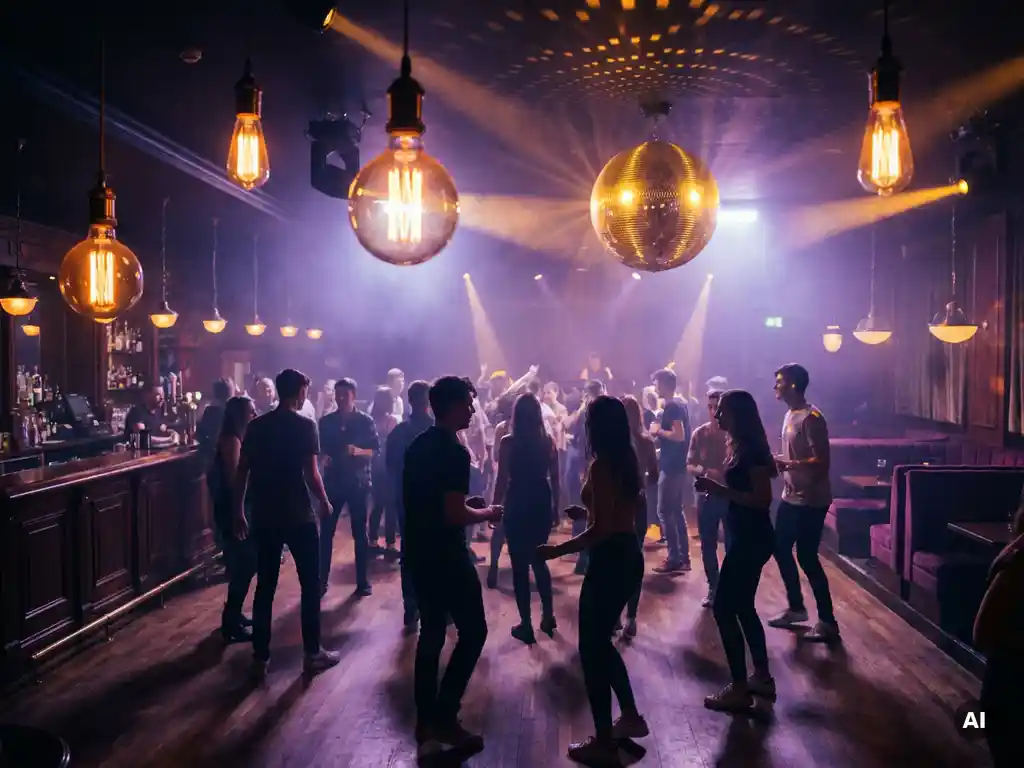 Belebte Bar-Tanzfläche mit Discokugel, Edison-Glühbirnen in Bernsteinlicht und Silhouetten tanzender Menschen in lila-goldenem Dunst.