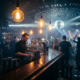 Belebtes Nachtclub-Interieur mit Edison-Glühbirnen über der Bar, Diskokugel und tanzenden Silhouetten in blau-goldenem Licht.