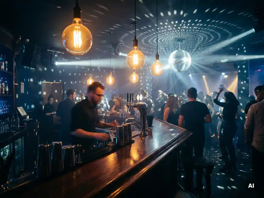 Belebtes Nachtclub-Interieur mit Edison-Glühbirnen über der Bar, Diskokugel und tanzenden Silhouetten in blau-goldenem Licht.
