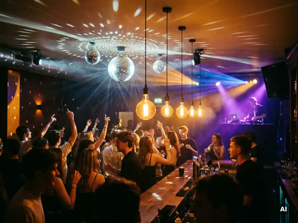 Tanzende Menge in belebter Bar mit Discokugeln, Edison-Glühbirnen und farbigen DJ-Lichtern in Lila und Amber.