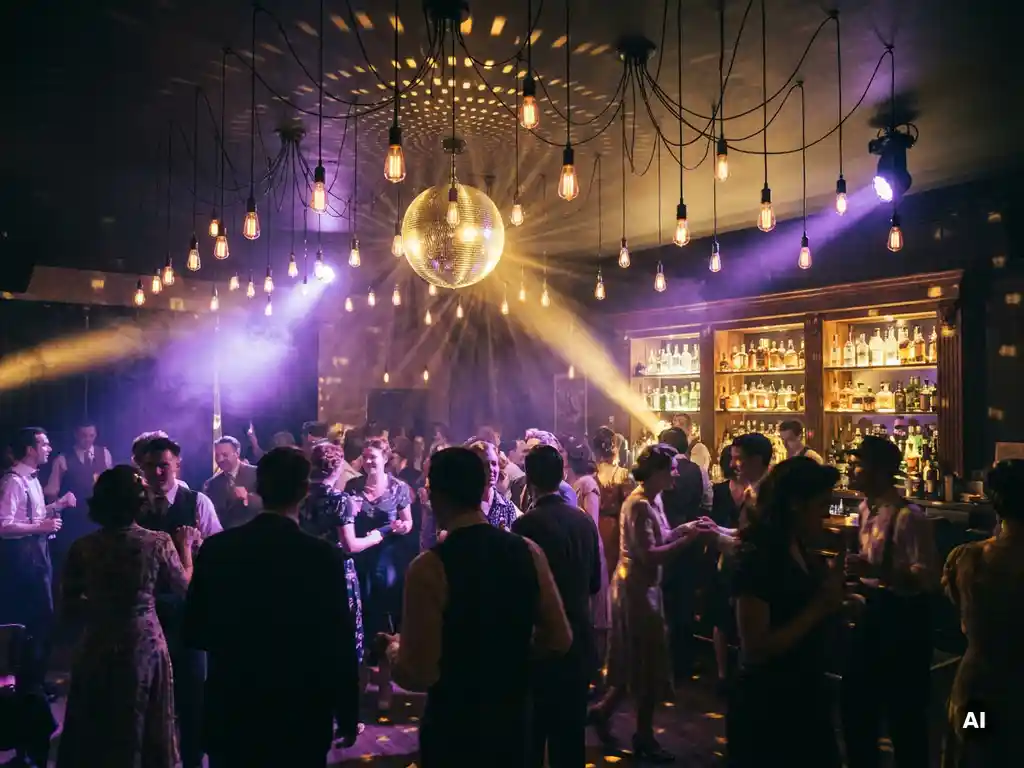 Stimmungsvolle Bar mit Tanzfläche, beleuchtet von Edison-Glühbirnen, Discokugel-Reflexionen und violetten Lichtstrahlen in goldener Atmosphäre.