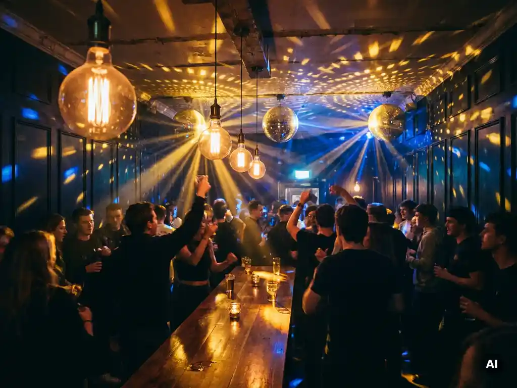 Belebte Bar mit Tanzfläche, Edison-Glühbirnen und Diskokugeln werfen goldenes und blaues Licht auf feiernde Gäste.