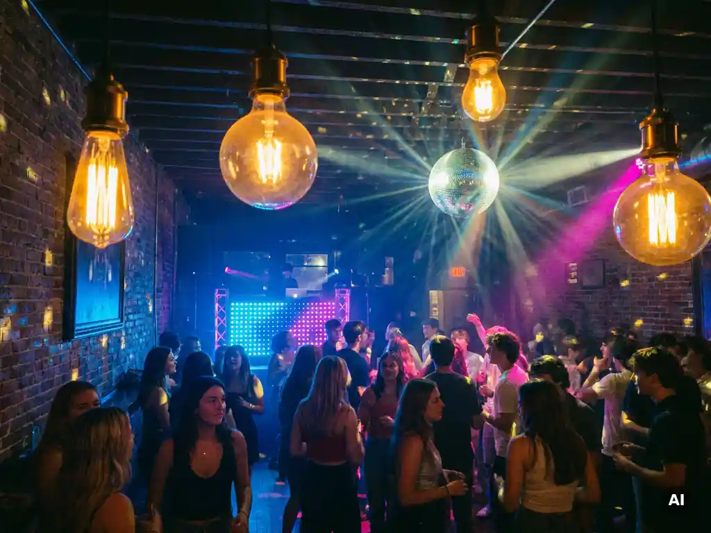 Tanzende Menge unter Discokugel und Edison-Lampen in einer Bar mit Backsteinwänden, magentafarbenem DJ-Licht und Ambiente-Dunst.