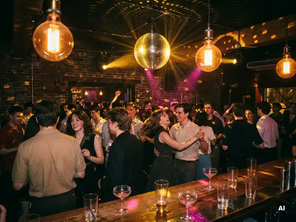 Tanzende Menschenmenge unter Discokugel und Edison-Glühbirnen in einer stimmungsvollen Bar mit goldenem und violettem Licht.