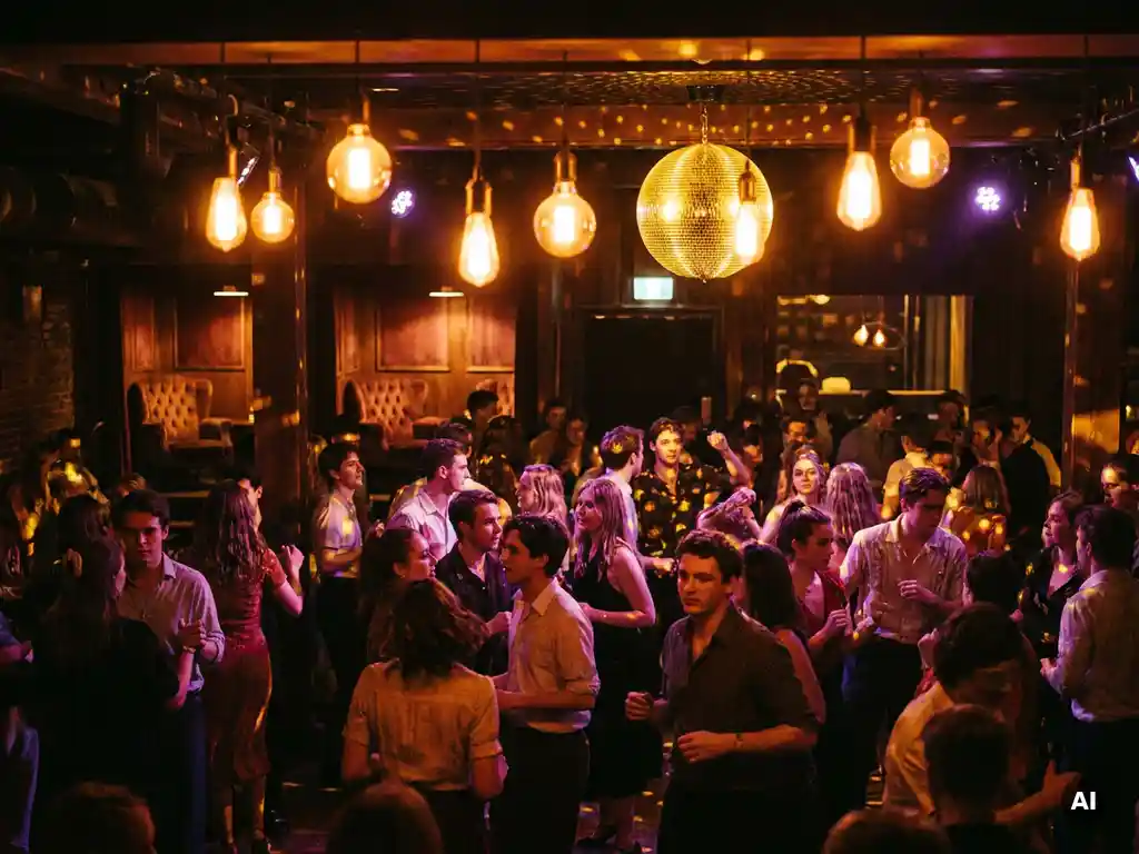 Tanzende Menschen in belebter Bar mit Edison-Glühbirnen, Discokugel und warmem Amber-Licht in stimmungsvollem Ambiente.