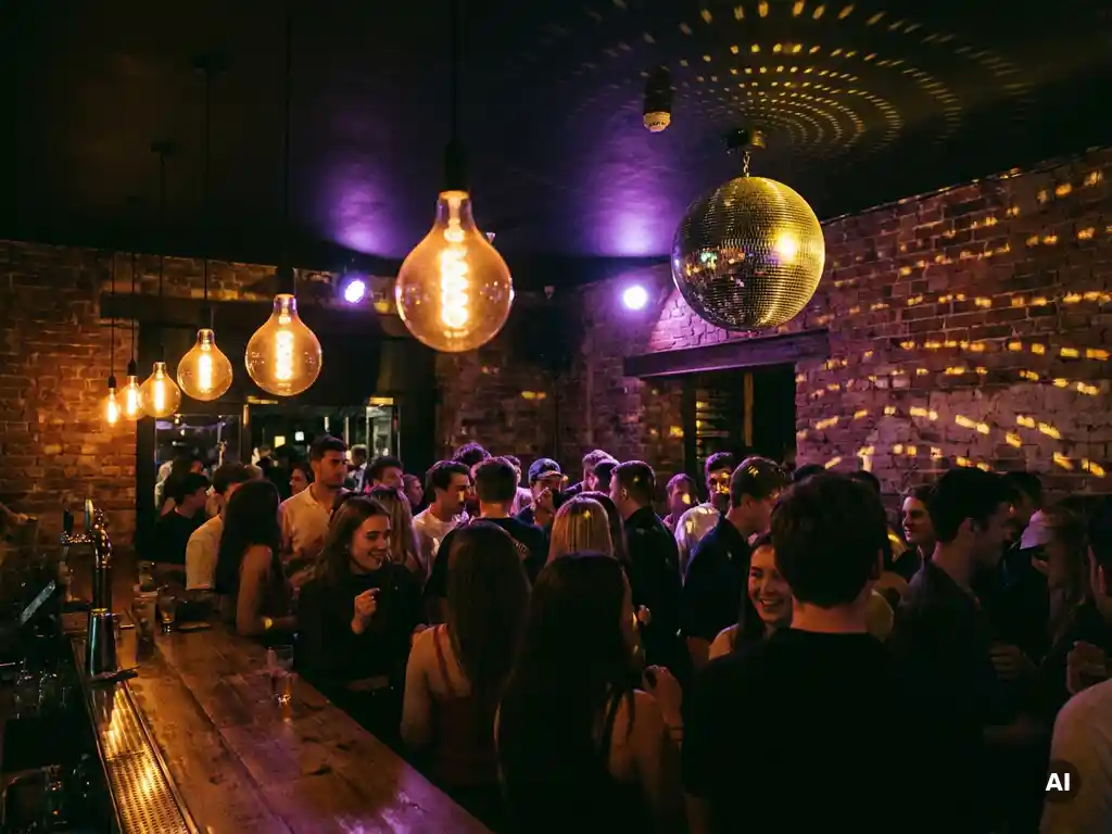 Belebte Tanzfläche einer Bar mit Edison-Glühbirnen, Discokugel und warmem Licht in Bernstein- und Lilatönen.