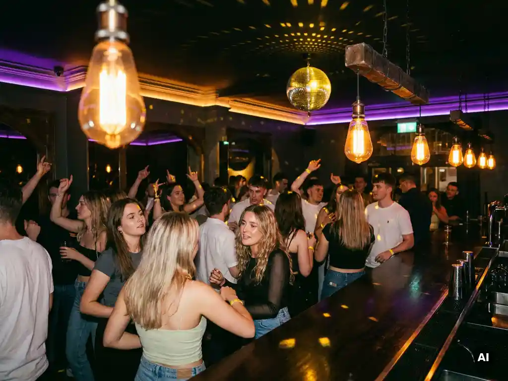 Belebte Bar mit Dancefloor, Edison-Glühbirnen und Diskokugel tauchen junge Menge in goldenes und violettes Licht.