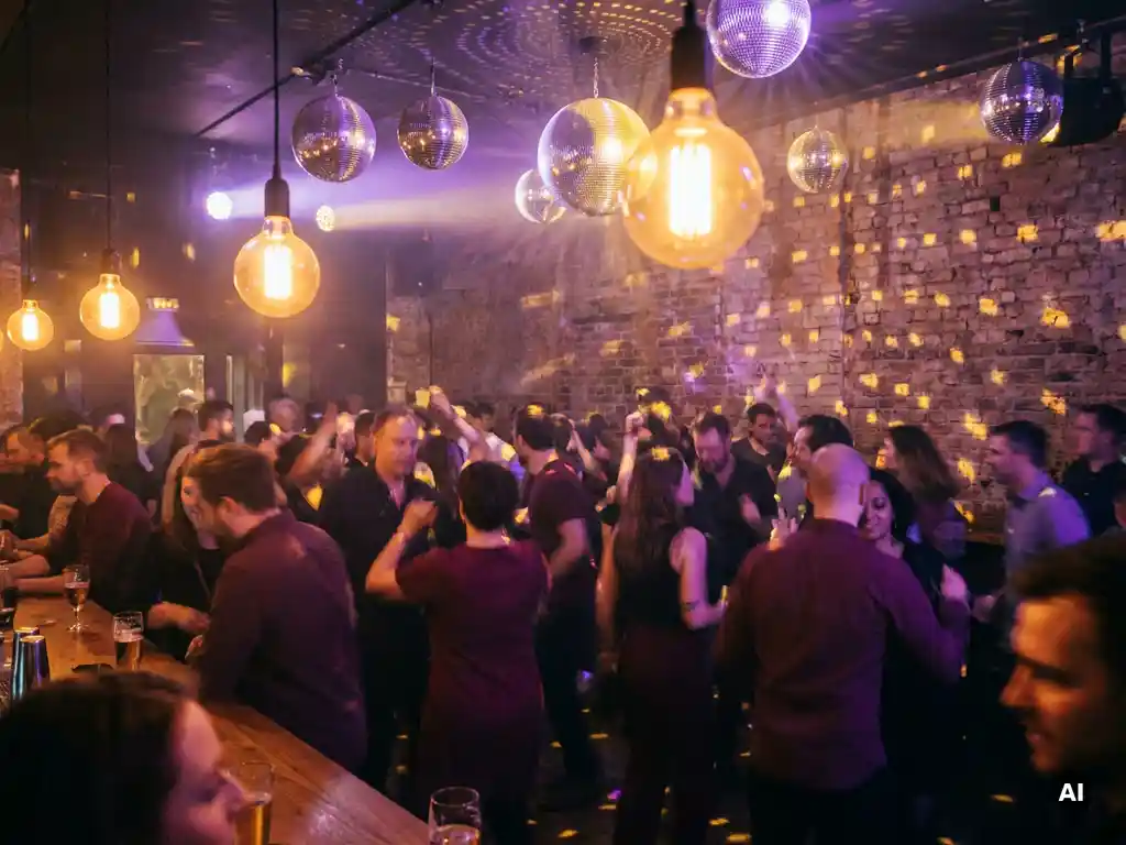 Tanzende Menge in belebter Bar mit Edison-Glühbirnen, Discokugeln und stimmungsvollem Licht in Burgund, Gold und Violett.
