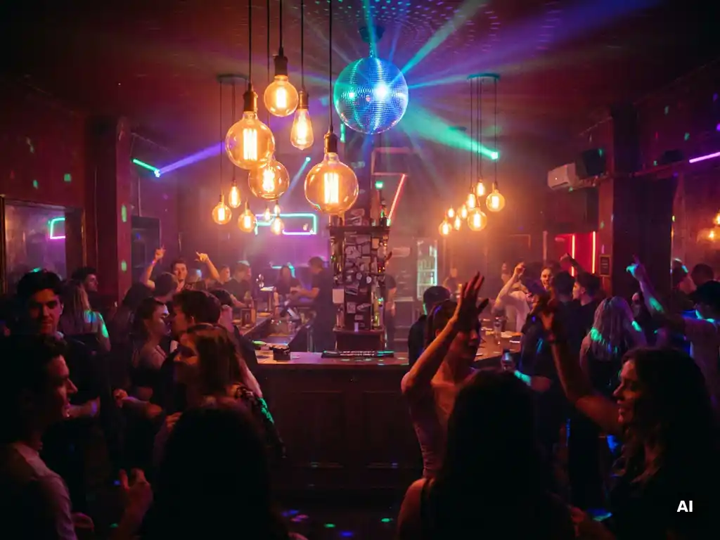 Vollbesetzte Bar mit Tanzfläche, Edison-Glühbirnen und Discokugel, Silhouetten tanzender Menschen in warmem Bernstein- und Neonlicht.