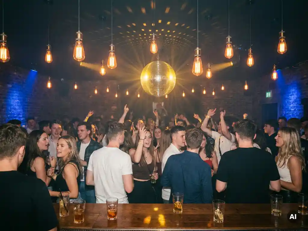 Feiernde Menschen auf einer Tanzfläche unter einer Discokugel mit goldenem Licht, Edison-Glühbirnen und Cocktails an der Bar.