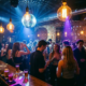 Tanzende Menge in belebter Bar mit Discokugel, Edison-Glühbirnen und violett-goldenem Licht auf Backsteinwänden.