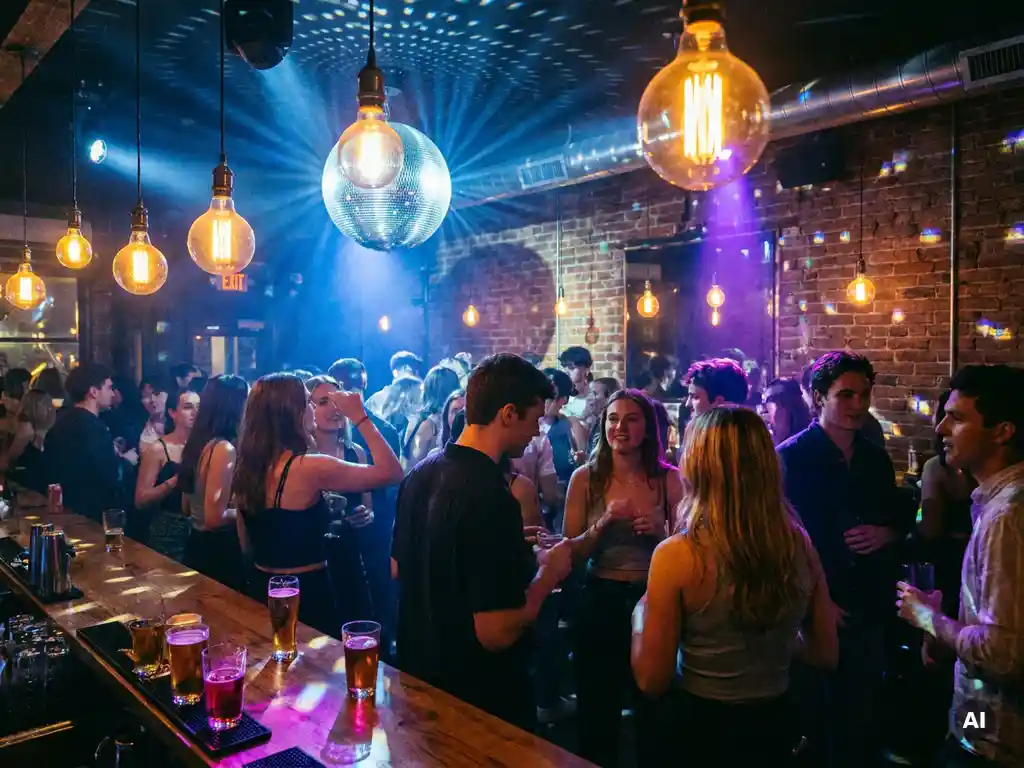 Tanzende Menge in belebter Bar mit Discokugel, Edison-Glühbirnen und violett-goldenem Licht auf Backsteinwänden.