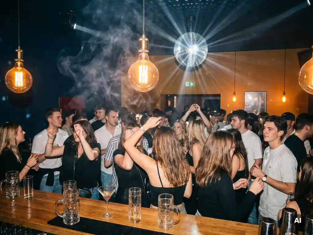 Belebte Bar mit Discokugel, Vintage-Edison-Glühbirnen und tanzenden Gästen in warmem Bernstein- und Marinblaulicht.
