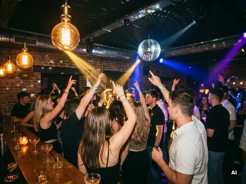 Tanzende Menge unter Discokugel und Edison-Lampen in einer stimmungsvollen Bar mit Backsteinwänden und Cocktails auf dem Tresen.