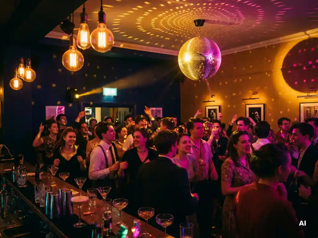Feiernde Menge in einer stimmungsvollen Bar mit Edison-Glühbirnen, Discokugel und bunten Cocktailgläsern in Navy und Gold.