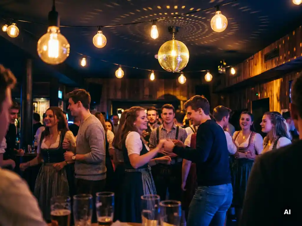 Tanzende Menge in Dirndl und Freizeitkleidung unter Edison-Glühbirnen und Diskokugel in stimmungsvoller Bar.