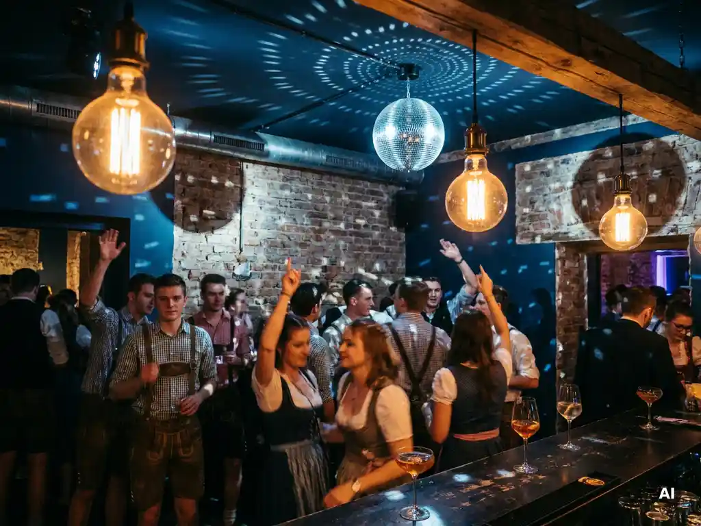 Tanzende Menge in Oktoberfest-Outfits unter Edison-Glühbirnen und Diskokugel in einer stimmungsvollen Bar.