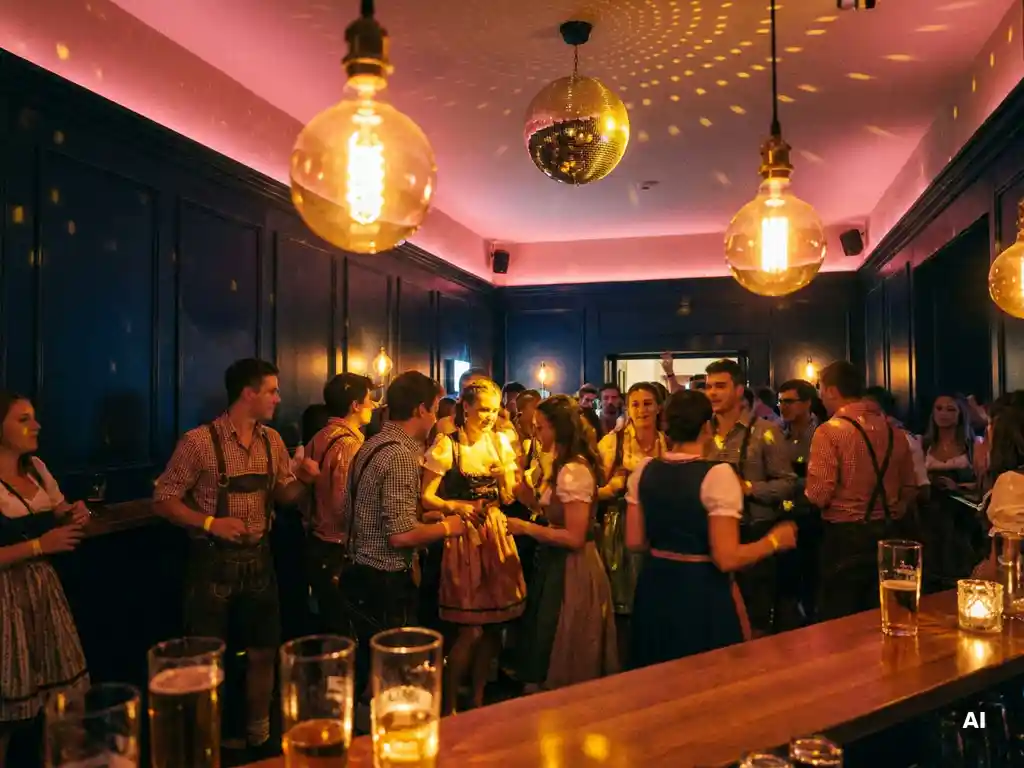 Belebte Oktoberfest-Party in einer Bar mit Edison-Glühbirnen, Diskokugel und Cocktailgläsern in warmem Goldlicht.