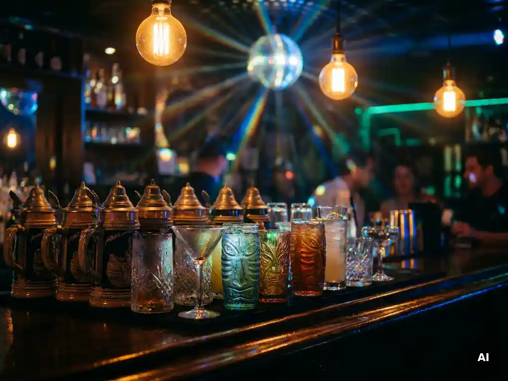 Oktoberfest-Steinkrüge und bunte Cocktailgläser auf einer dunklen Bar, beleuchtet von Discokugel und Edison-Glühbirnen in Amber und Blau.