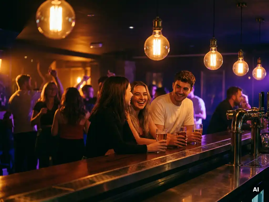 Studierende lachen an einer modernen Bar, Edison-Glühbirnen tauchen den Raum in warmes Amber- und Violettlicht, Tanzfläche im Hintergrund.
