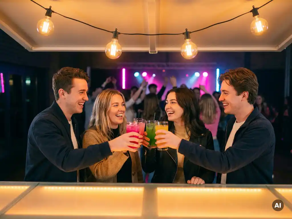 Junge Studierende stoßen lachend mit bunten Cocktails an einer beleuchteten Bar an, warmes Ambiente mit Edison-Glühbirnen und Tanzfläche im Hintergrund.