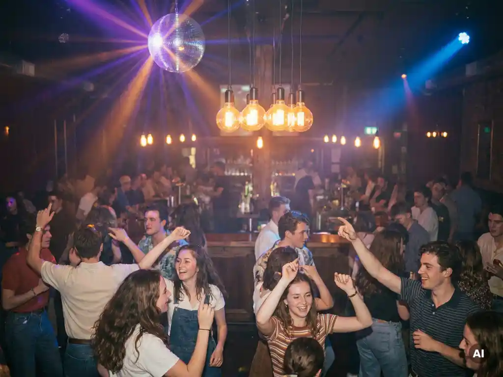 Studierende tanzen ausgelassen unter einer Diskokugel in einer stimmungsvollen Bar mit Edison-Lampen und farbigen Bühnenlichtern.