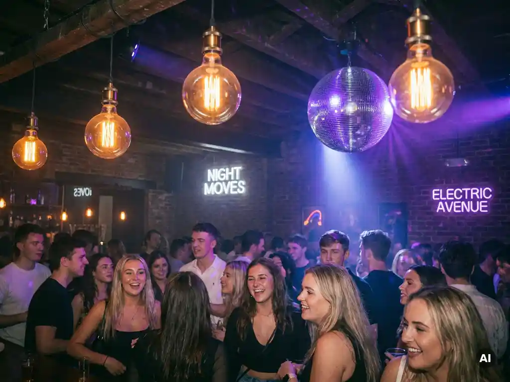 Belebte Bar-Tanzfläche mit Edison-Glühbirnen und Discokugel, die warmes Bernstein- und Violettlicht über tanzende Gäste streut.