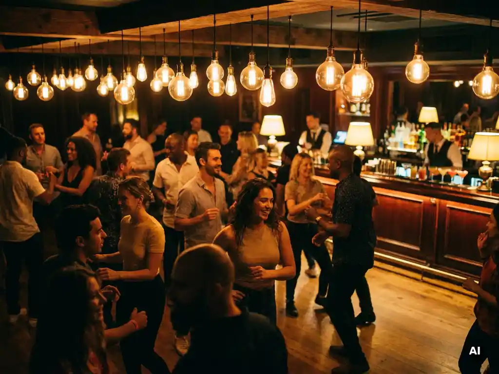 Tanzende Menschen auf einer lebhaften Clubdancefloor unter warmem Amber-Licht von Edison-Glühbirnen, Bar mit bunten Drinks im Hintergrund.