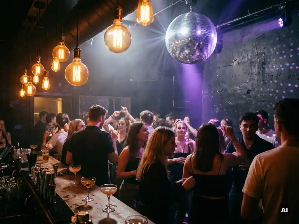 Tanzende Menge in einer stimmungsvollen Bar mit Edison-Glühbirnen, Discokugel und violett-goldenem Licht.