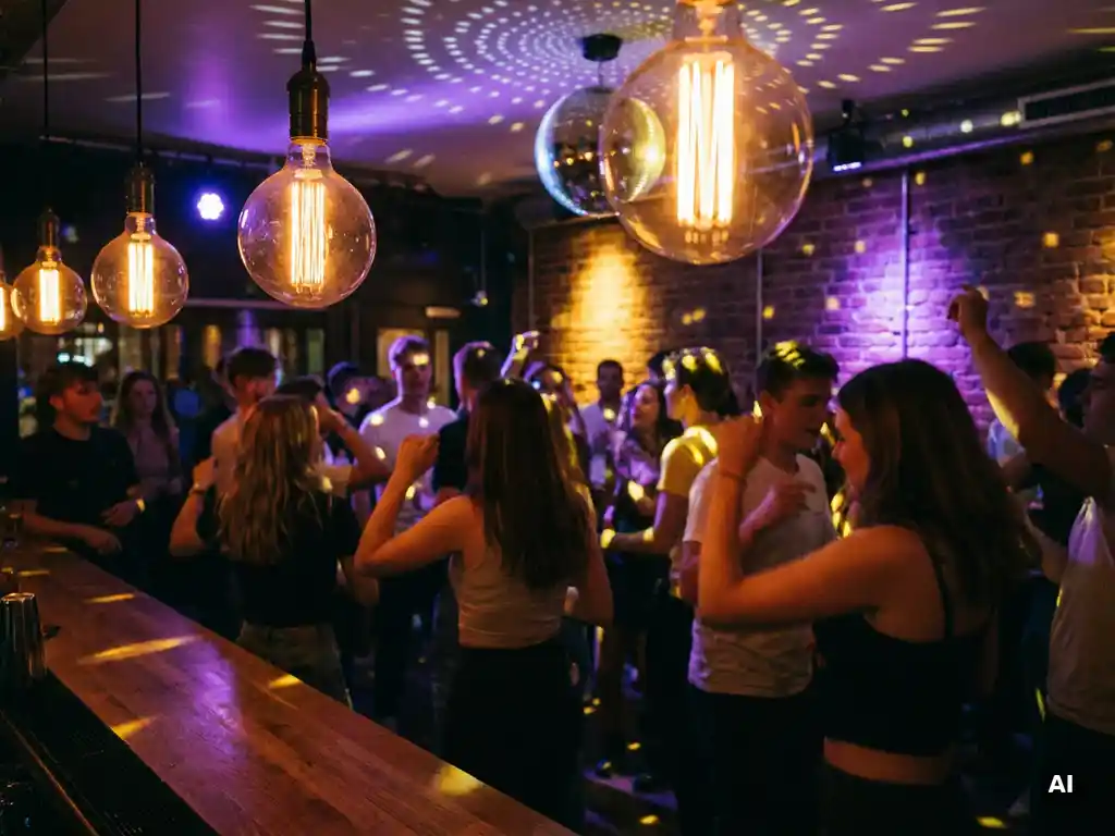 Tanzende Menschen in einer stimmungsvollen Bar mit Discokugel, Edison-Glühbirnen und warmem Licht auf Backsteinwänden.